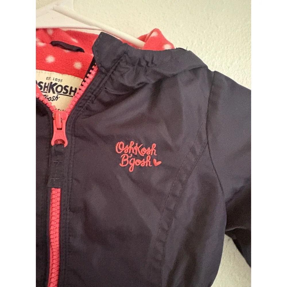 OshKosh Bgosh Girls Navy Blue Pink Polka Dot Fleece Lined Hooded Jacket 18M